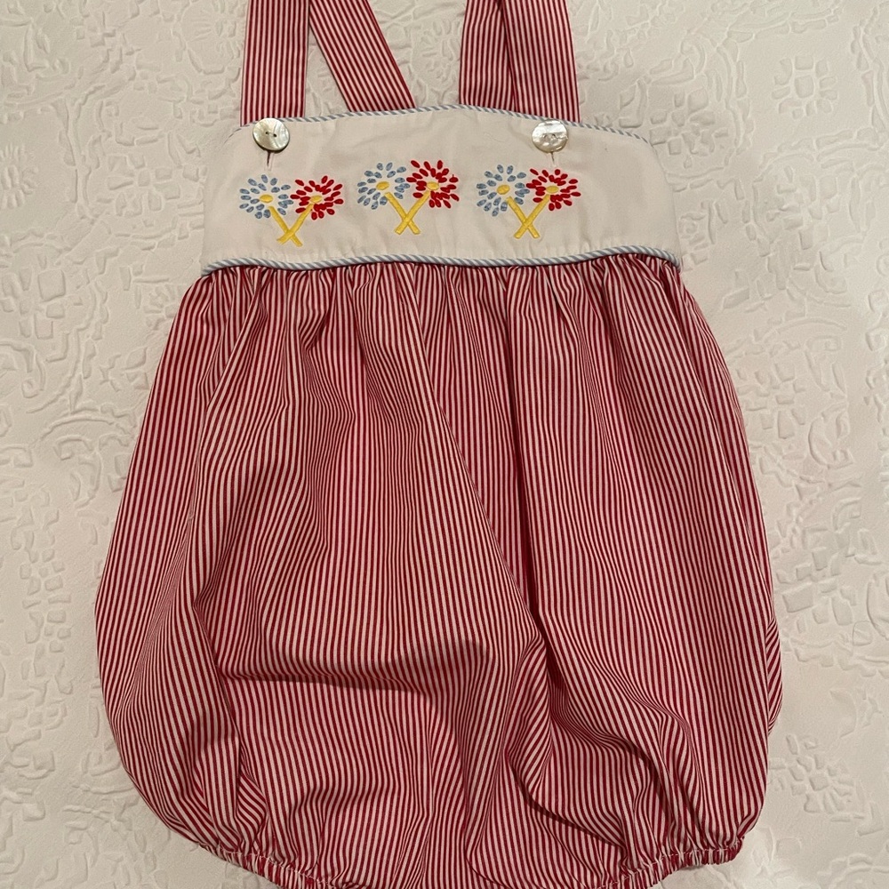 Red and White Overall Style One Piece with Floral Embroidery